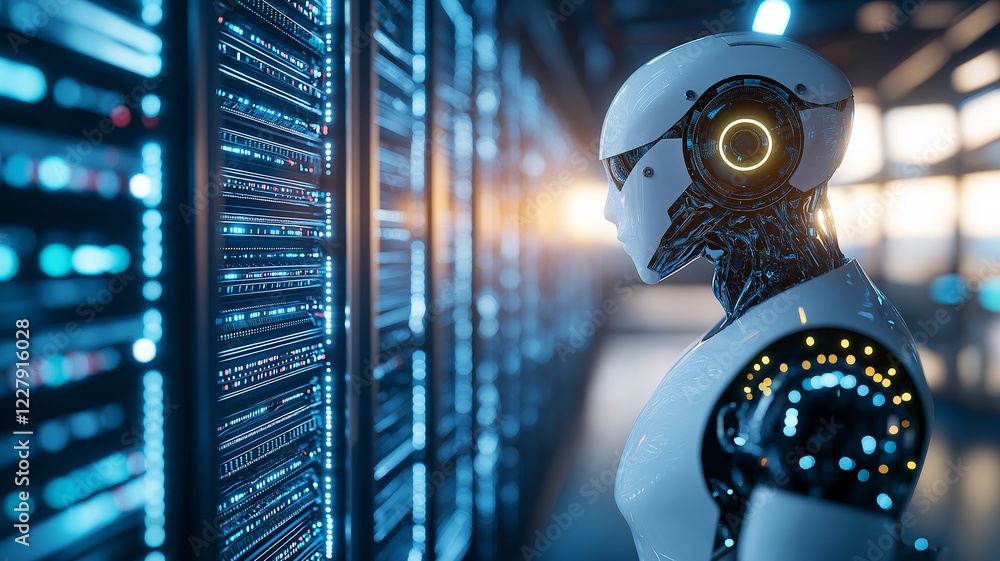 Poster futuristic robot observing data center filled with glowing servers, showcasing advanced technology a