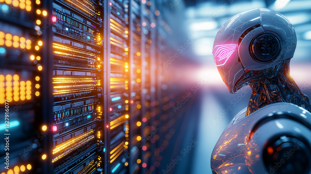 Poster futuristic robot observes data center filled with glowing servers, showcasing advanced technology an