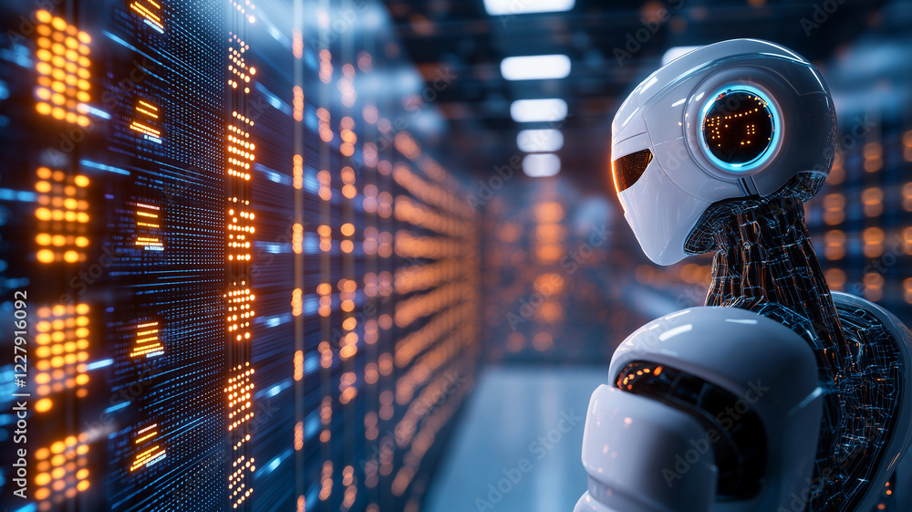 Poster futuristic robot observing data center filled with glowing servers, showcasing advanced technology a