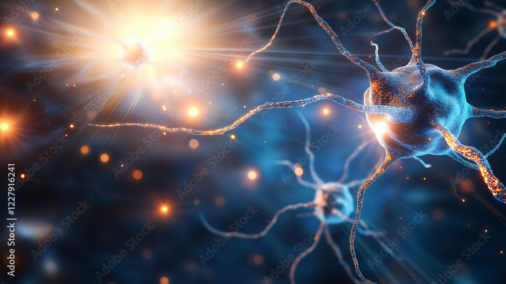 Aufkleber neurons connected in dark blue background with glowing lights create captivating scene of neural act