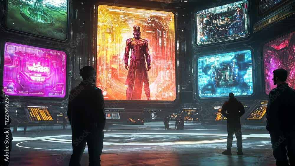 Poster advanced technology hub where figures observe a brightly lit holographic display showcasing futurist