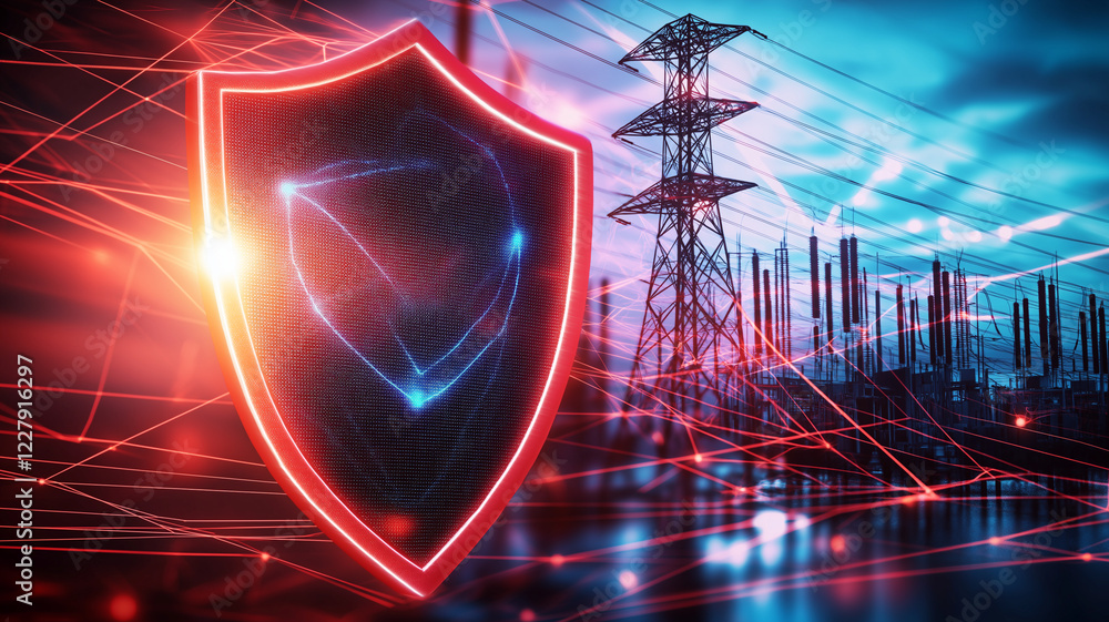 Poster digital shield icon representing high voltage protection, surrounded by dynamic energy lines and pow