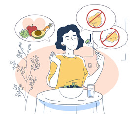 Woman at a table with a salad, rejecting unhealthy foods in thought bubbles and embracing fruits and vegetables. Minimalist style on a white background. Healthy lifestyle concept. Vector illustration