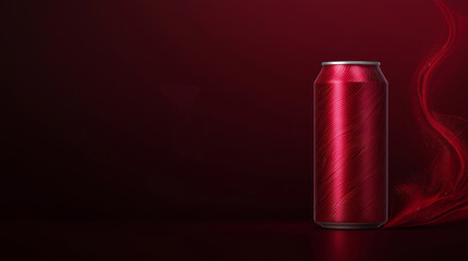  A modern energy drink can with a vibrant red design, featuring bold, dynamic typography and eye-catching patterns. The sleek metallic finish adds a premium touch, while the striking color and design 