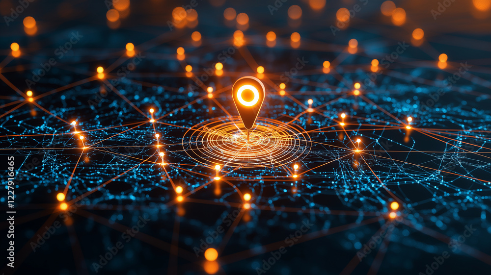 Poster glowing location pin stands out on digital map, surrounded by interconnected nodes and lines, symbol
