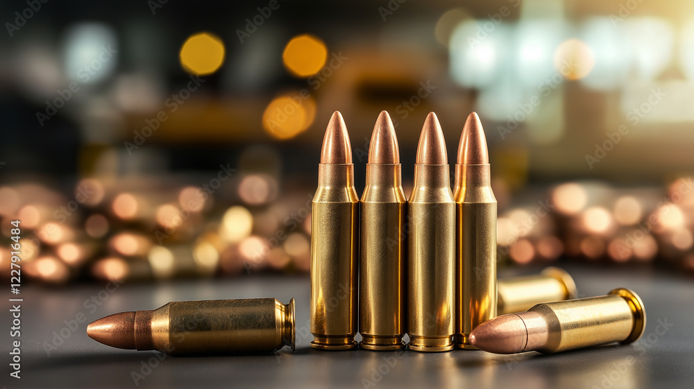 Poster close up view of brass rifle ammunition arranged on table, showcasing shiny casings and pointed tips