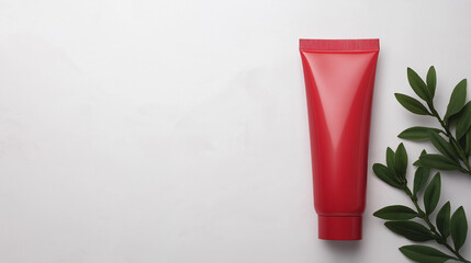 A toothpaste tube with striking red packaging, complemented by clean white accents, sits on a polished countertop. The sharp, minimalist branding stands out, symbolizing boldness and freshness. The sl