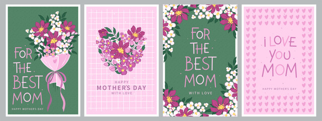 Happy Mother's Day card set, Spring summer floral design. For the best mom inscription. Vector illustration for banner, poster, label, template or cover with flowers frame. 