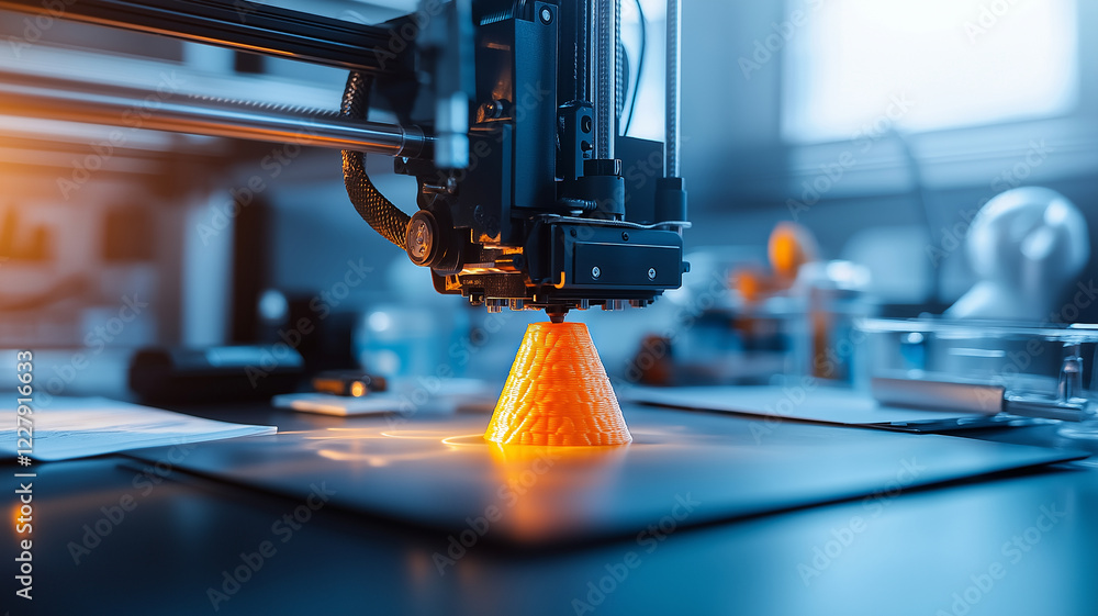 Poster 3d printer is creating orange cone on desk, showcasing advanced technology in modern workspace. vibr