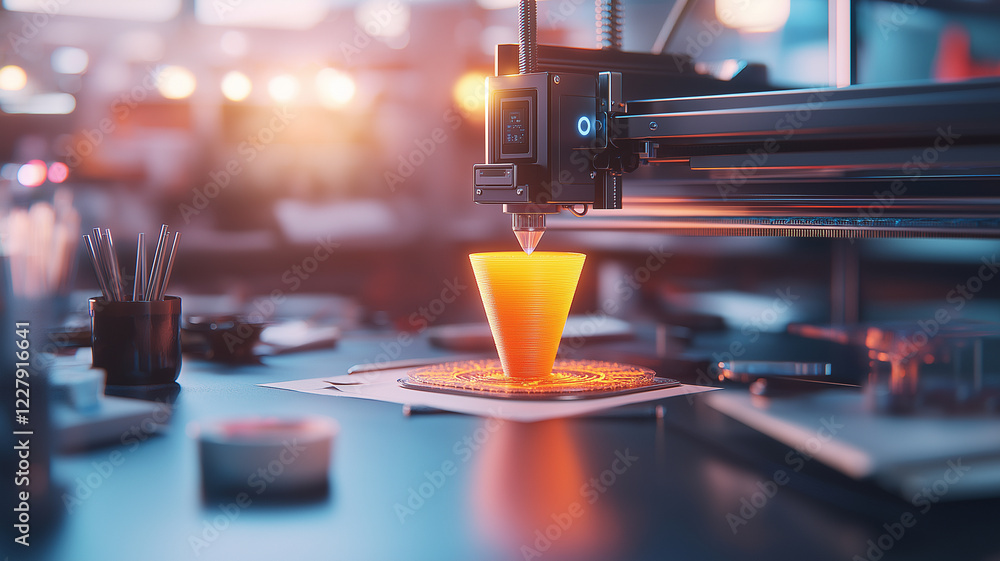 Poster 3d printer is creating orange cone on desk in modern workspace, showcasing advanced technology and c