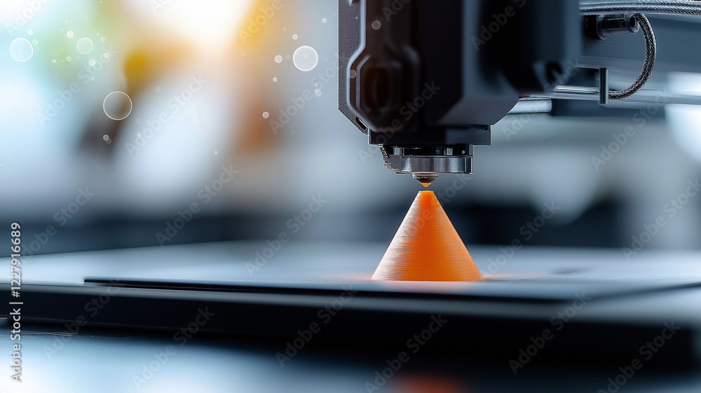 Poster 3d printer creating orange cone on desk in modern lab environment, showcasing advanced technology an