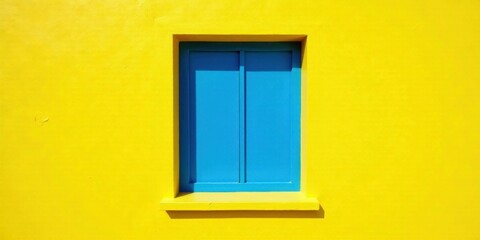 Vibrant Yellow Wall with a Striking Blue Window Featuring a Simple Architectural Design Element