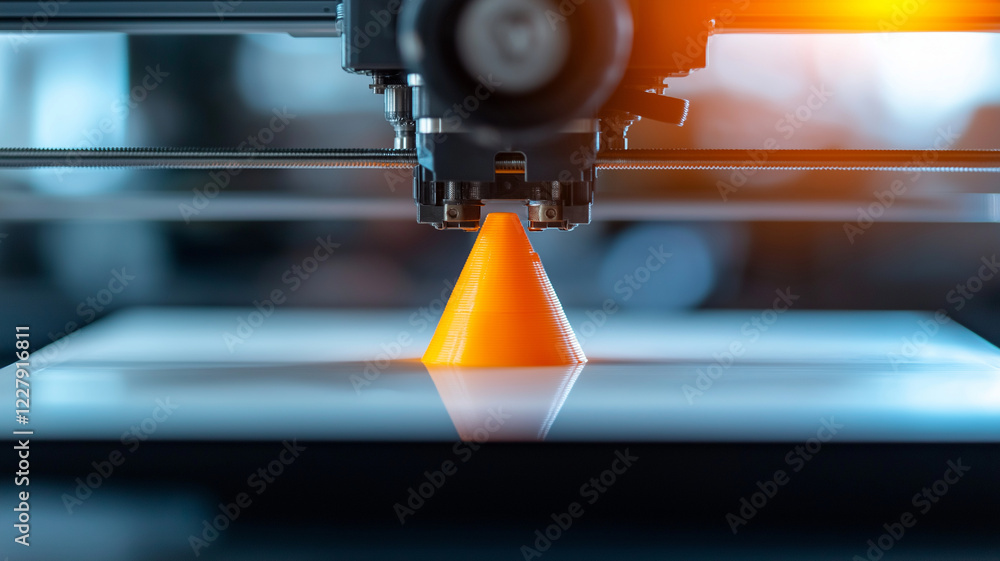 Poster 3d printer creating orange cone on table in lab environment, showcasing advanced technology and prec