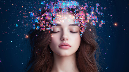 serene woman with closed eyes, surrounded by vibrant digital aura, representing creativity and imagination. colorful pixels create dreamy atmosphere