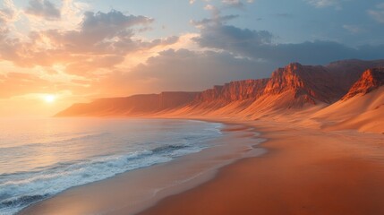 Fototapeta premium Scenic coastal landscape featuring warm sunset light on cliffs and sandy beach with ocean waves