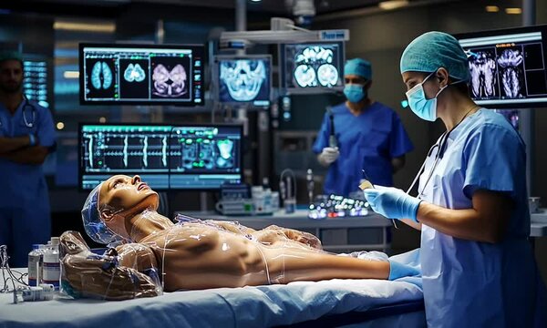 Medical training session in a high-tech operating room with a lifelike mannequin and monitors displaying scans