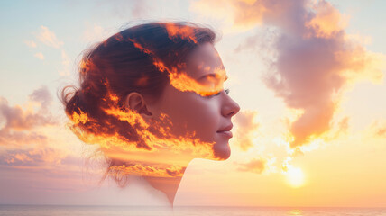 serene woman profile is beautifully blended with vibrant clouds and sunset, creating dreamy atmosphere. image evokes feelings of tranquility and wonder