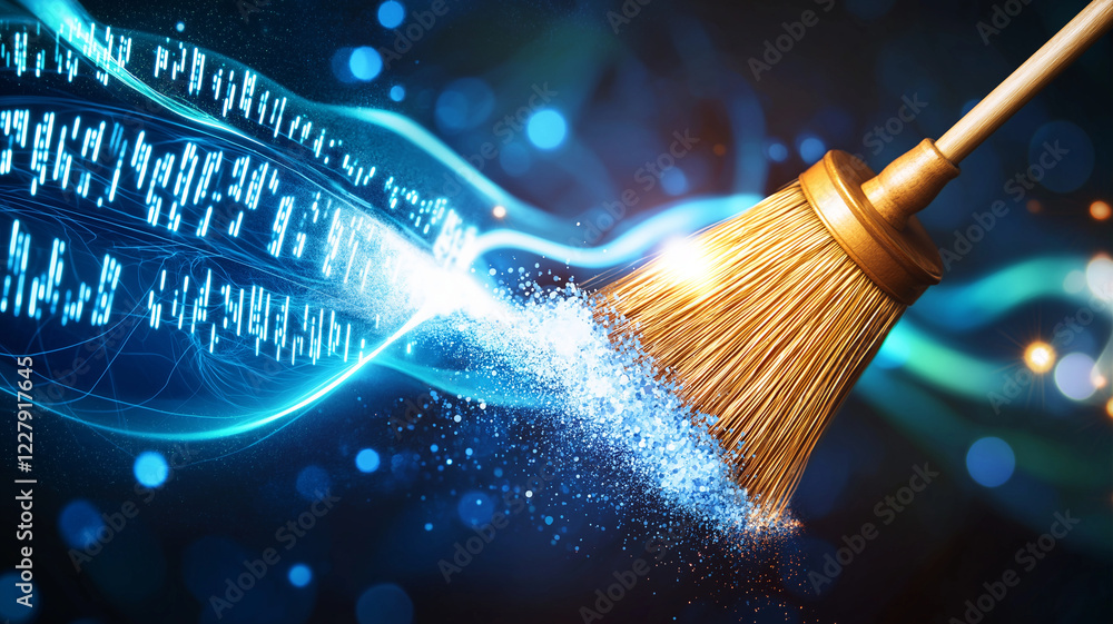 Poster broom sweeping away dust, symbolizing removal of binary code and digital clutter, creates dynamic vi