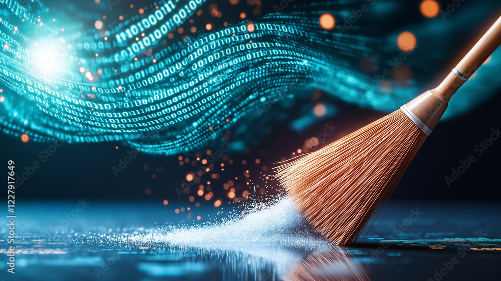 Poster broom sweeping away dust symbolizes removal of digital clutter, represented by binary code. this con