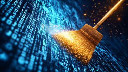 broom sweeping away digital dust, symbolizing removal of binary code, creates striking visual representation of data cleansing and organization