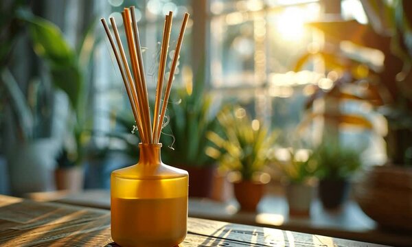 Aromatic diffuser with reeds on a wooden table surrounded by lush indoor plants at sunset