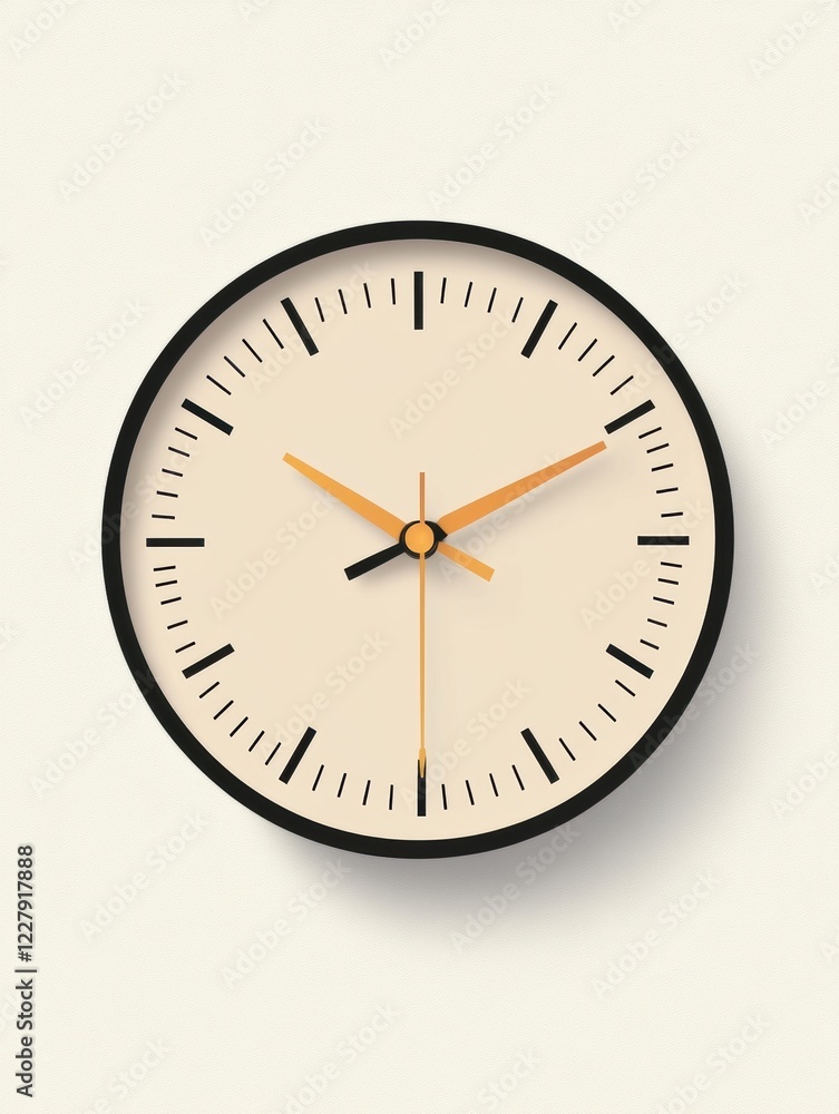 Poster minimalist wall clock displaying the time in a modern design with simple black and orange features. 