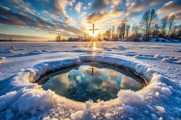 Frozen Pond Ice Cross, Epiphany Hole, Winter Wonderland, High-Resolution Stock Photo
