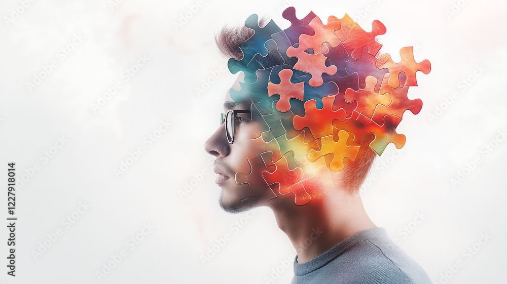 Poster conceptual digital art piece featuring human profile with colorful puzzle piece design representing 