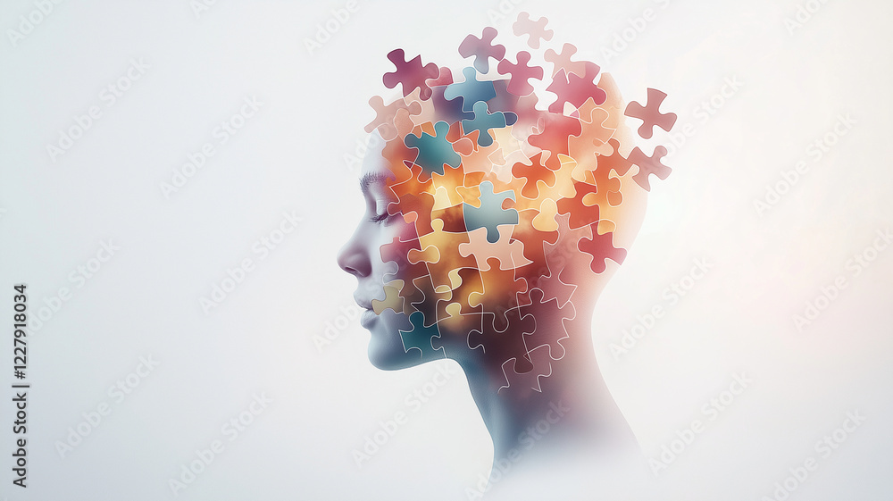 Poster conceptual digital art piece featuring human silhouette with colorful puzzle pieces representing tho