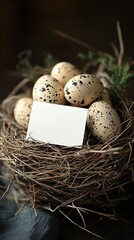 Obraz premium Spring scene with speckled eggs in a natural nest, featuring a blank white card and dry grass