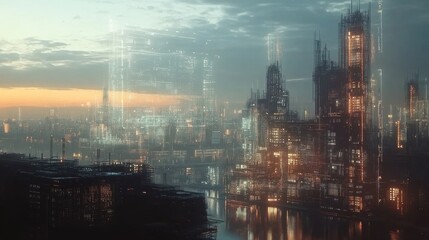 Futuristic cityscape featuring glowing buildings and digital overlays shimmering in dark water at sunset, evoking a captivating cyberpunk atmosphere filled with intrigue