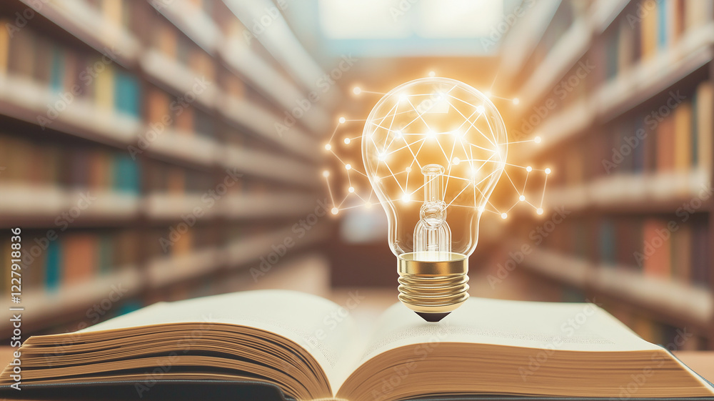 Poster glowing light bulb effect illuminates open book in library, symbolizing knowledge and creativity. wa