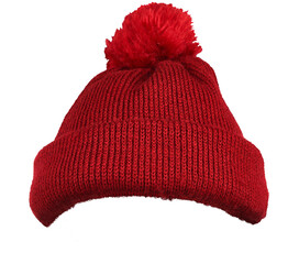 Bright red knitted winter beanie with a fluffy pom-pom on top isolated on transparent background. Cozy and stylish, perfect for cold weather fashion and outdoor activities.