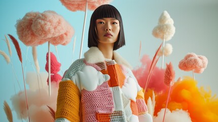 knitted wool sweater with fluffy cloud patterns asian model short hair light orange pink