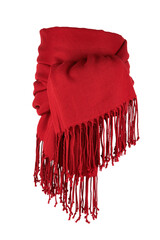Elegant red scarf with soft texture and fringe detailing isolated on transparent background....