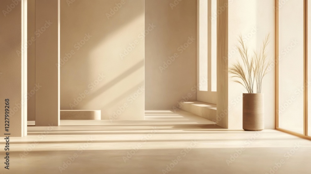Poster Messy sunlight streaming through large windows in a minimalist room with light colored walls and simple plant decor. Generative AI