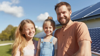 Naklejka premium Happy family of three stands outdoors in front of solar panels, enjoying sunny day. children smile brightly, showcasing joyful moment in sustainable environment