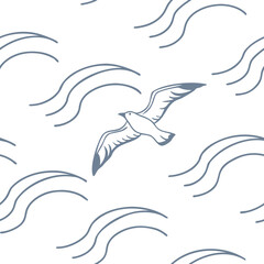 Minimalist Seamless Line Art Seagull Flying Over Ocean Waves in a Modern Nautical Abstract Digital Vector Illustration for Patterns Backgrounds and Coastal Designs