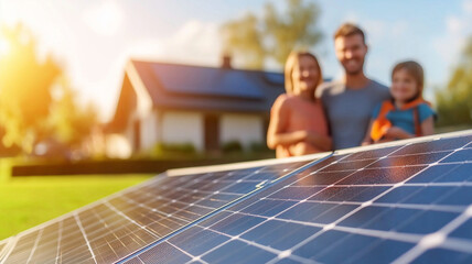 happy family stands in front of their home with solar panels, enjoying sunny day. children are smiling, showcasing joyful atmosphere and commitment to renewable energy