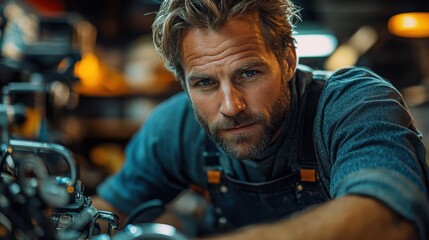Skilled Mechanic Working Intently in a Well Lit Workshop, Showcasing Precision and Dedication During a Motorcycle Repair Session in the Late Evening. Generative AI