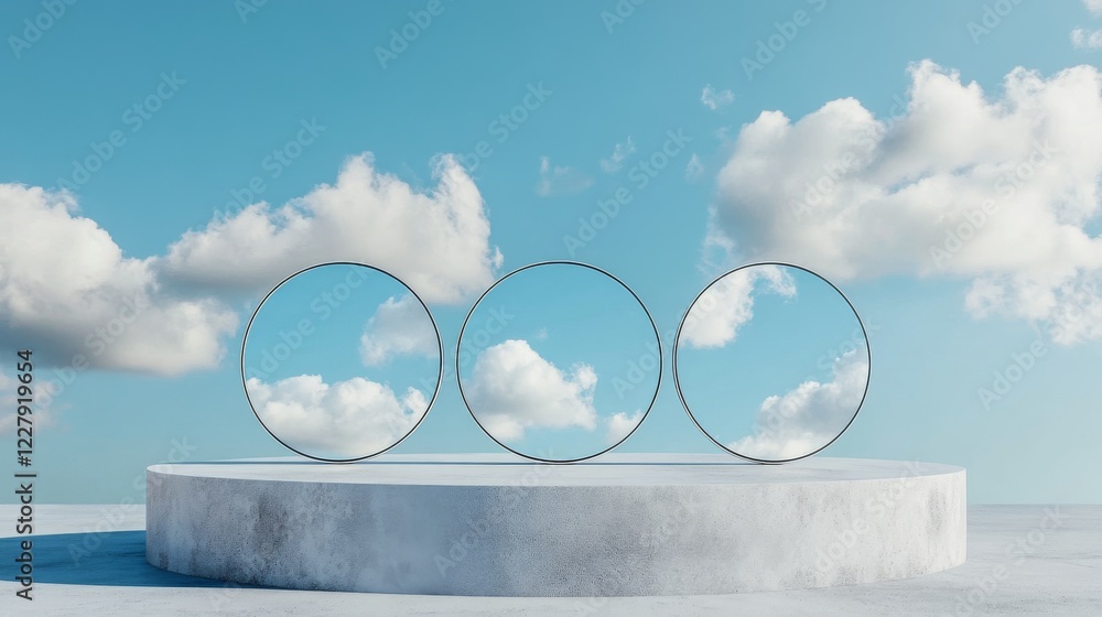 Poster cylinder product podium mockup with round mirrors or portals with clouds on sky in pastel blue studi