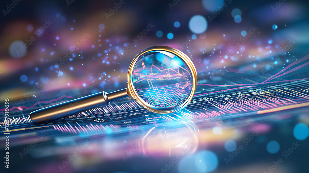 Poster magnifying glass focuses on colorful data chart, revealing intricate details and patterns. vibrant c