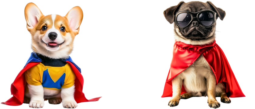 absolute cuteness cutted out doggies dressed as a superheros; set of 2 small bread dogs wearing a red capes: pug cool in goggles & corgi brave posing with smile and tonque out; funny character 