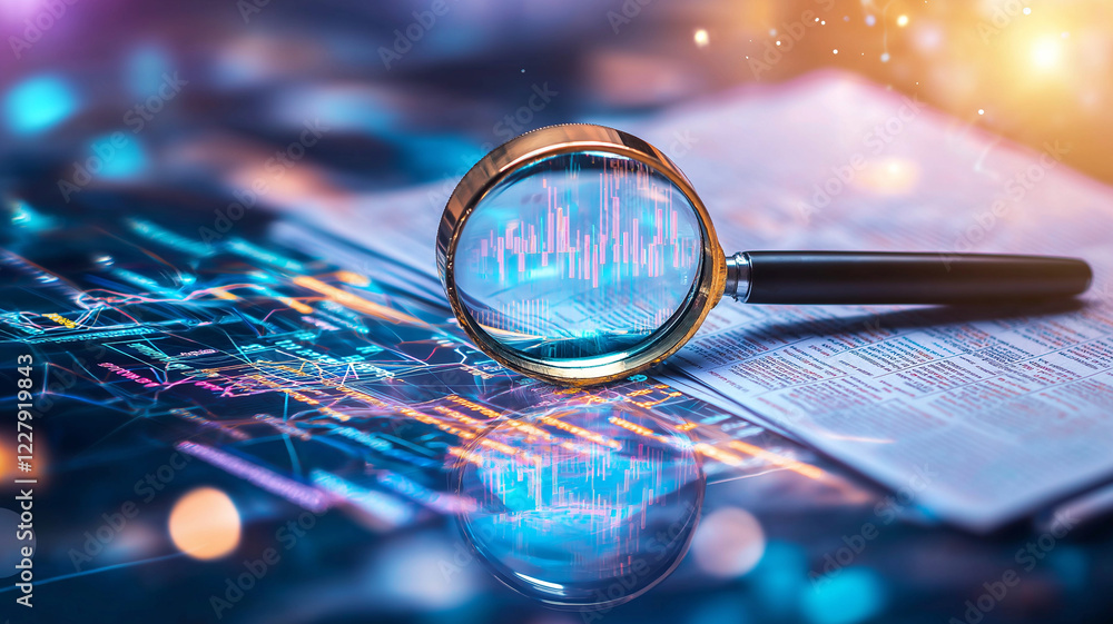 Poster magnifying glass hovers over document filled with financial data and graphs, symbolizing analysis an