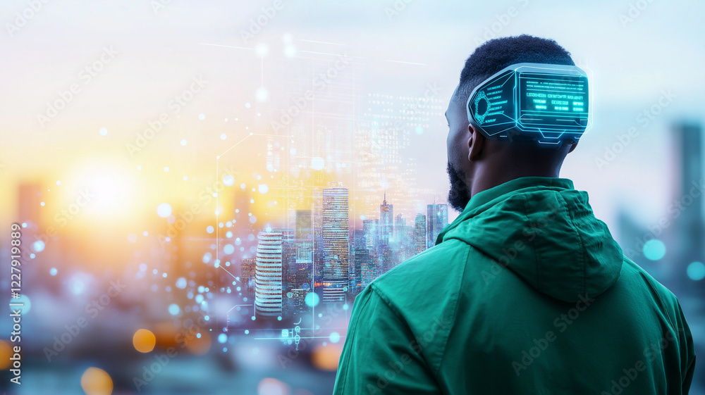 Poster man in green jacket stands with his back to camera, gazing at futuristic cityscape. digital elements