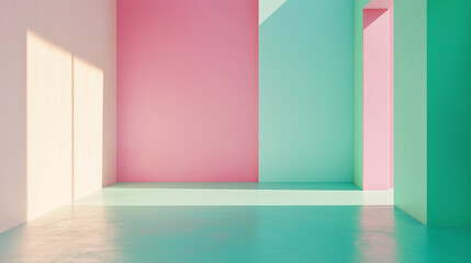 Empty room with pink and green walls, soft lighting, pastel colors, a minimalistic interior design concept