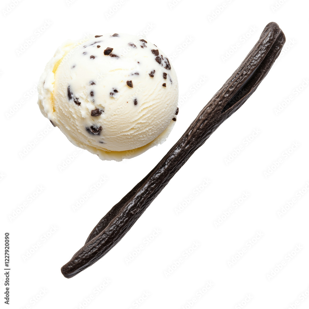 Poster a single scoop of vanilla bean ice cream with chocolate chips is displayed next to a vanilla bean po