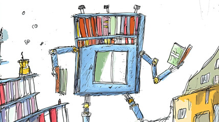 Creative Robot Bookshelf in a Whimsical Workspace