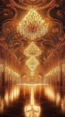 Obraz premium Grand Palace Ballroom with Majestic Chandeliers, Luxurious Golden Interior, Opulent Royal Architecture, Elegant Illuminated Hall, Ornate Baroque Design, Classic Aristocratic Decor,
