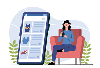 Woman sitting in a red armchair using her smartphone for online shopping, with a large phone screen showing product listings. Minimalist style, white background. Vector illustration